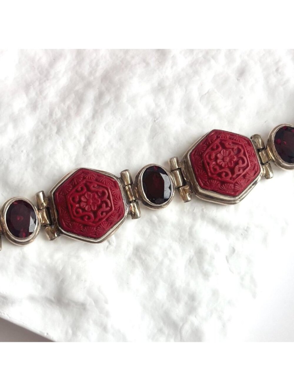 Cinnabar Hand Carved Sterling Silver Octagon Vintage Chainlink 925 Bracelet